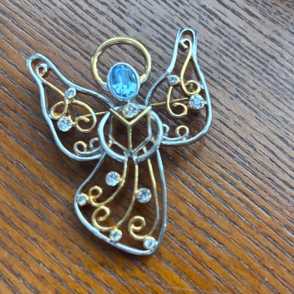 Elegant Gold and Silver Angel Rhinestone Brooch